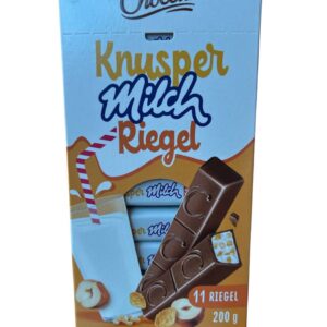 Це молочний шоколад Choceur Knusper Milch Riegel з вершковою начинкою, повітряним рисом та шматочками фундука.