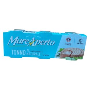 Це упаковка з трьох банок тунця Mare Aperto у власному соку (Tonno al Naturale), кожна вагою 80 грамів.