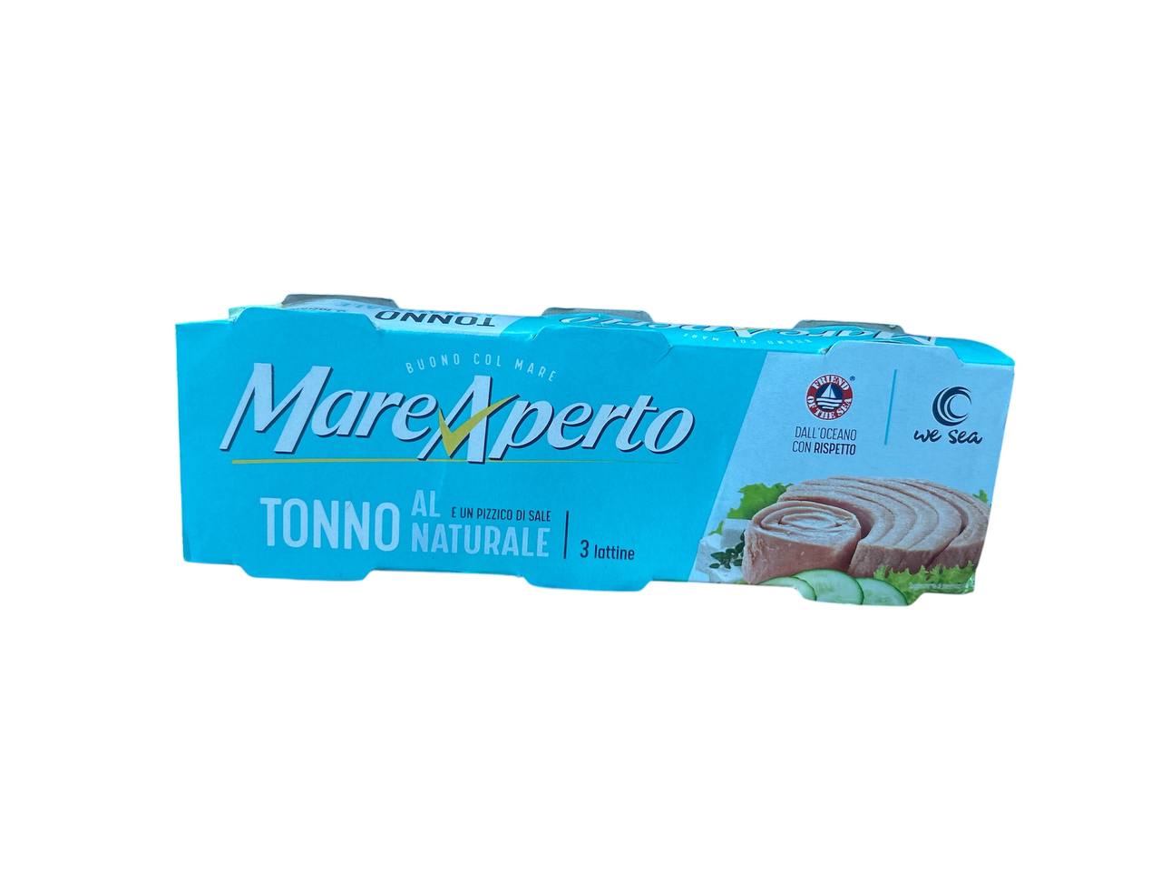 Це упаковка з трьох банок тунця Mare Aperto у власному соку (Tonno al Naturale), кожна вагою 80 грамів.